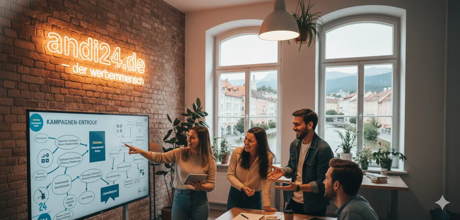 Das kreative Team von andi24.de bei der Arbeit - Kampagnen-Entwicklung im modernen Büro mit andi24.de Neon-Schild